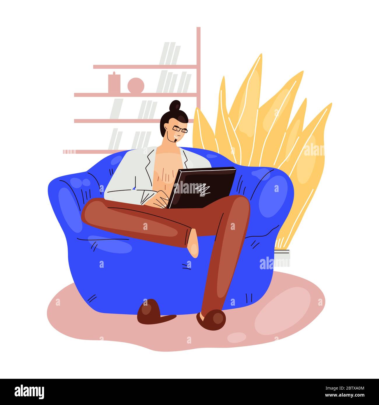 Freelance man work in comfortable cozy home office in armchair sofa vector flat illustration. Freelancer man character working from home at relaxed Stock Vector