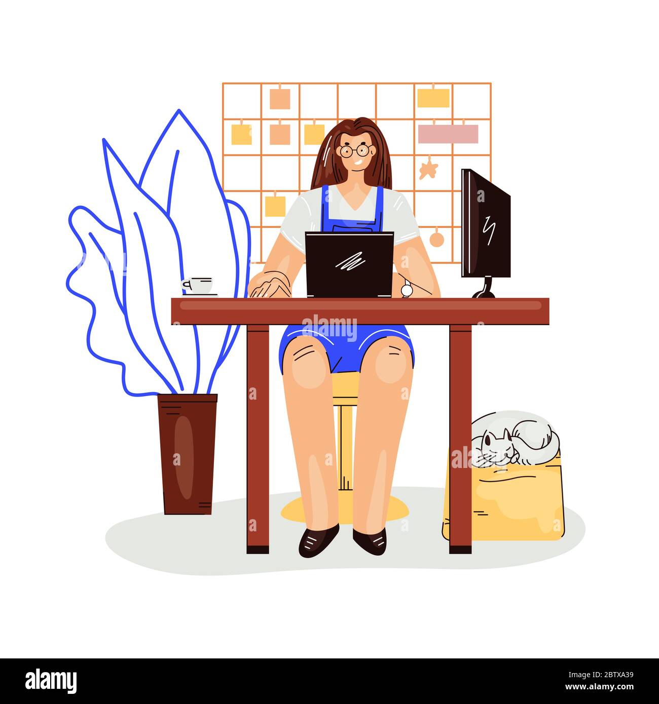Freelance woman work in comfortable cozy home office vector flat illustration. Freelancer girl character working from home at relaxed pace, self Stock Vector