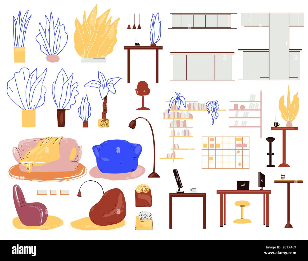 Vector cartoon interior set with furniture, home plants, lamps, tables for work and kitchen, home office accessories. Living room, kitchen and home Stock Vector