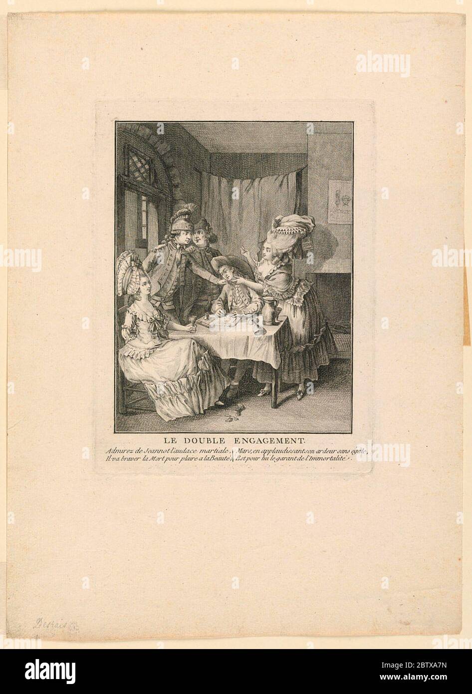 Le Double Engagement. Research in ProgressA notary is seen seated at a table in an inn in the act of inscribing a marriage contract, while two couples are grouped near him, and indications of debauchery are to be seen. Stock Photo
