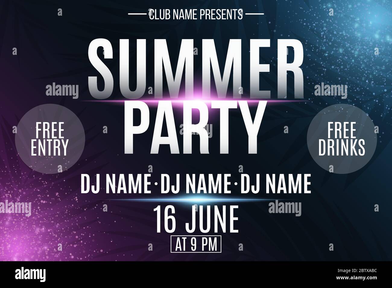 Summer party poster. Invitation flyer. Modern banner with neon light effect and tropical palm tree. Glowing purple and blue particles. DJ and club nam Stock Vector