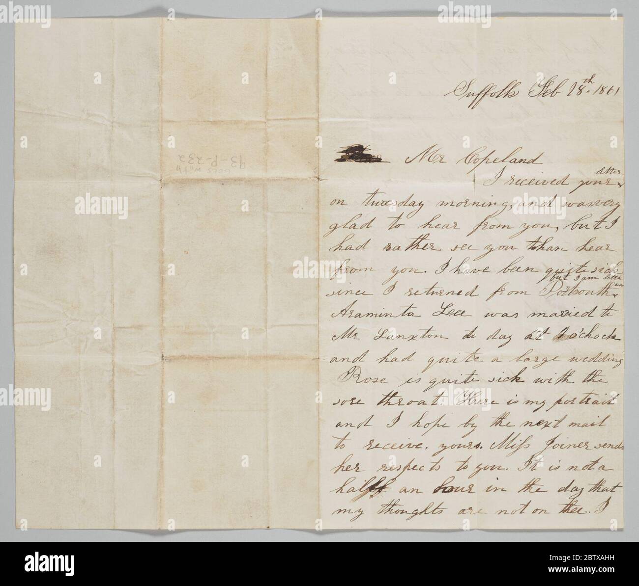 Letter to John Copeland from his wife Ann. This letter was written on February 18, 1861, by Ann Hurst Copeland to her husband John H. Copeland. The letter details the recent betrothals of several friends and Ann, who signed the letter 'Annuk,' comments she has been ill. Stock Photo