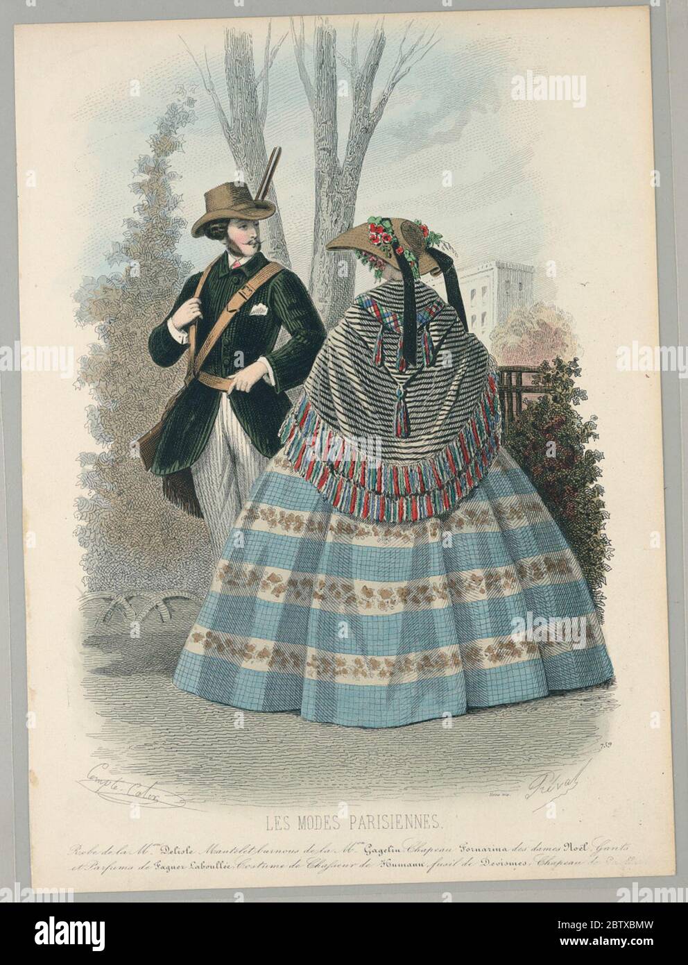 Fashion Plate. Research in ProgressMan in hunting dress with a gun, and a woman in hat and fringed shawl over a full-skirted dress, in a park. Artists' names below. Description on verso Fashion Plate. Research in ProgressMan in hunting dress with a gun, and a woman in hat and fringed shawl over a full-skirted dress, in a park. Artists' names below. Description on verso