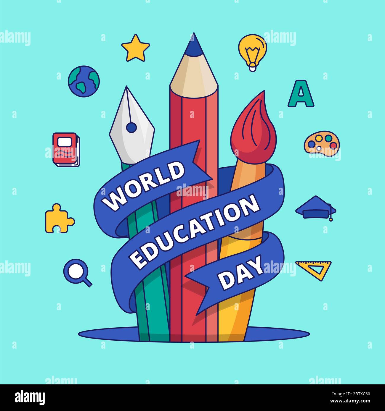 World education day poster background vector illustration design. Pencil  brush pen creativity tool with ribbon wrapped around and school study icon  co Stock Photo - Alamy
