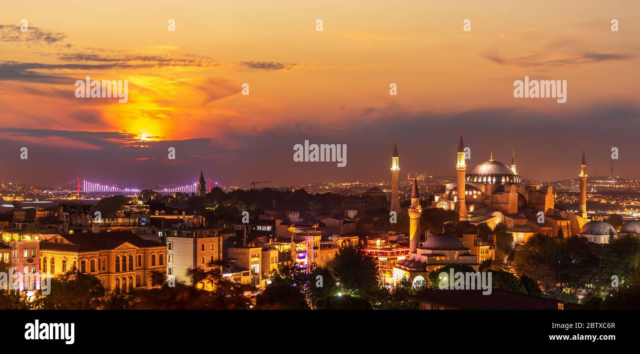 Istanbul skyline, evening view of the Bosporus Bridge and Hagia Sophia, Turkey Stock Photo