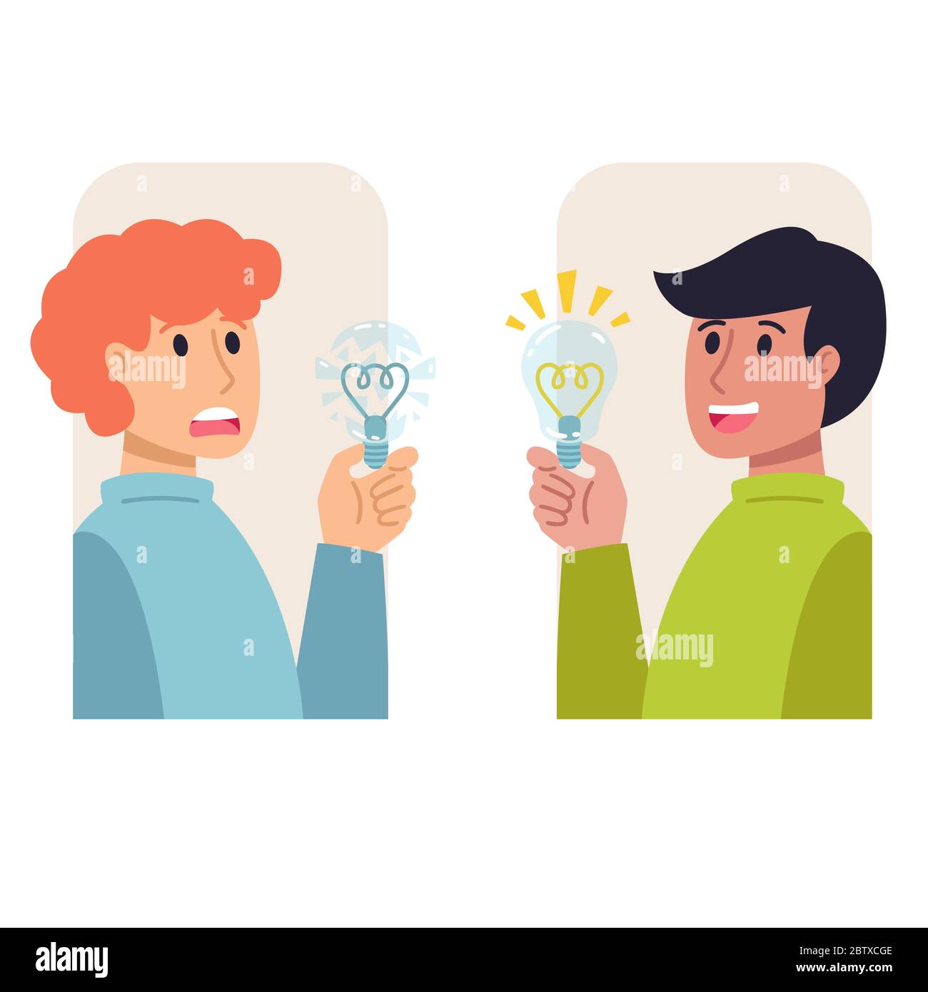 Two men with light bulbs in their hands, bad and good idea. Insight, inspiration, eureka, aha moment making decision, thinking concept. Vector flat il Stock Vector