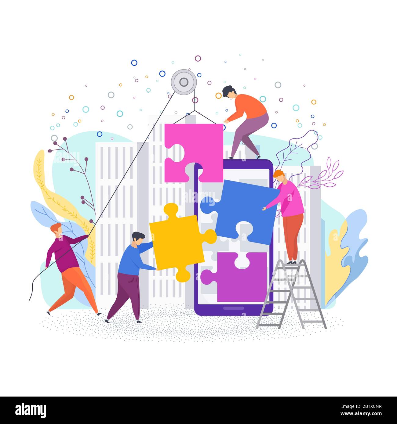 Small people assemble a puzzle. Metaphor of teamwork. Stock Vector