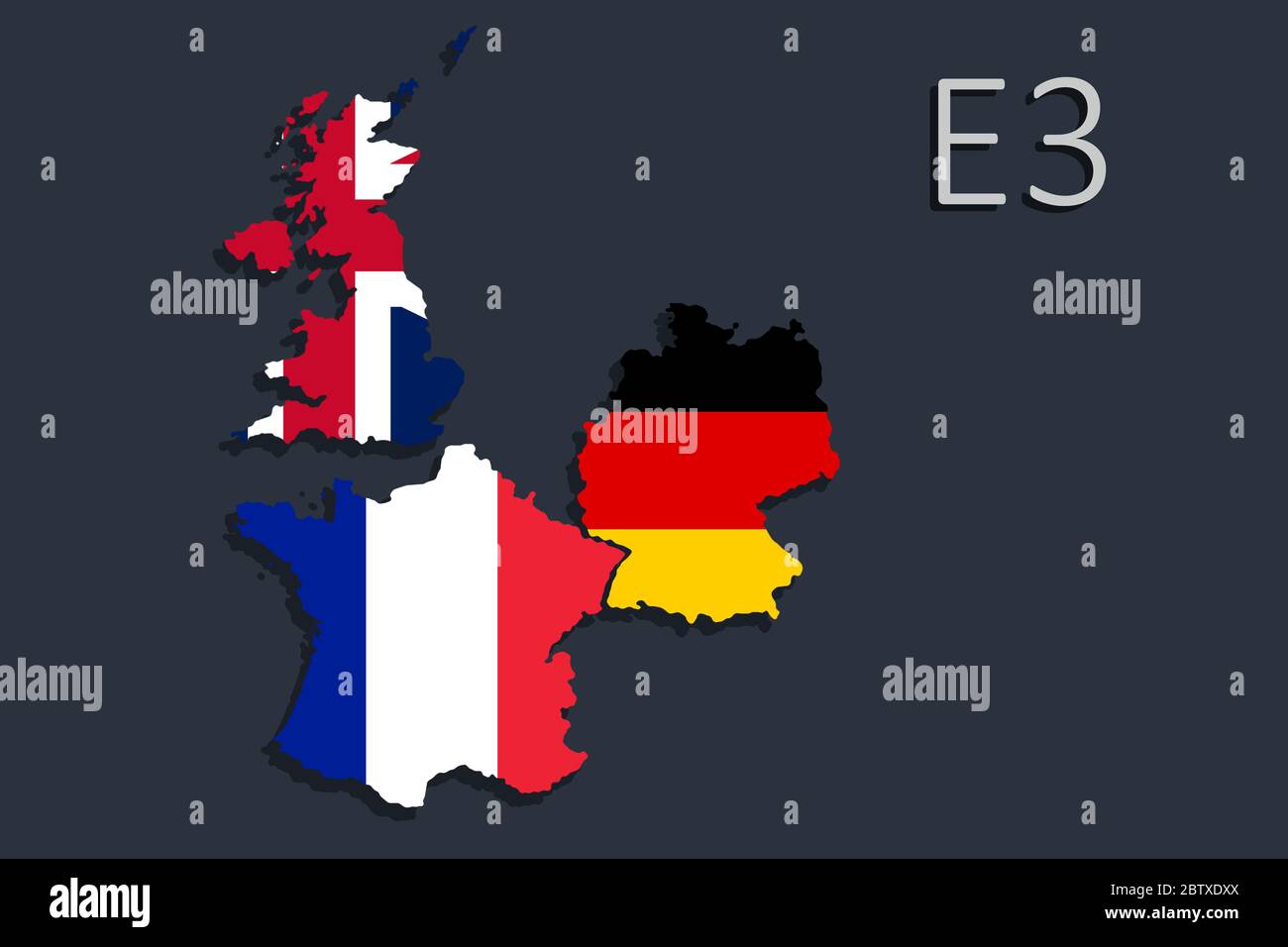 E3 format, political strategy of the three largest European countries in the field of foreign policy. Representation of the countries in the national Stock Photo
