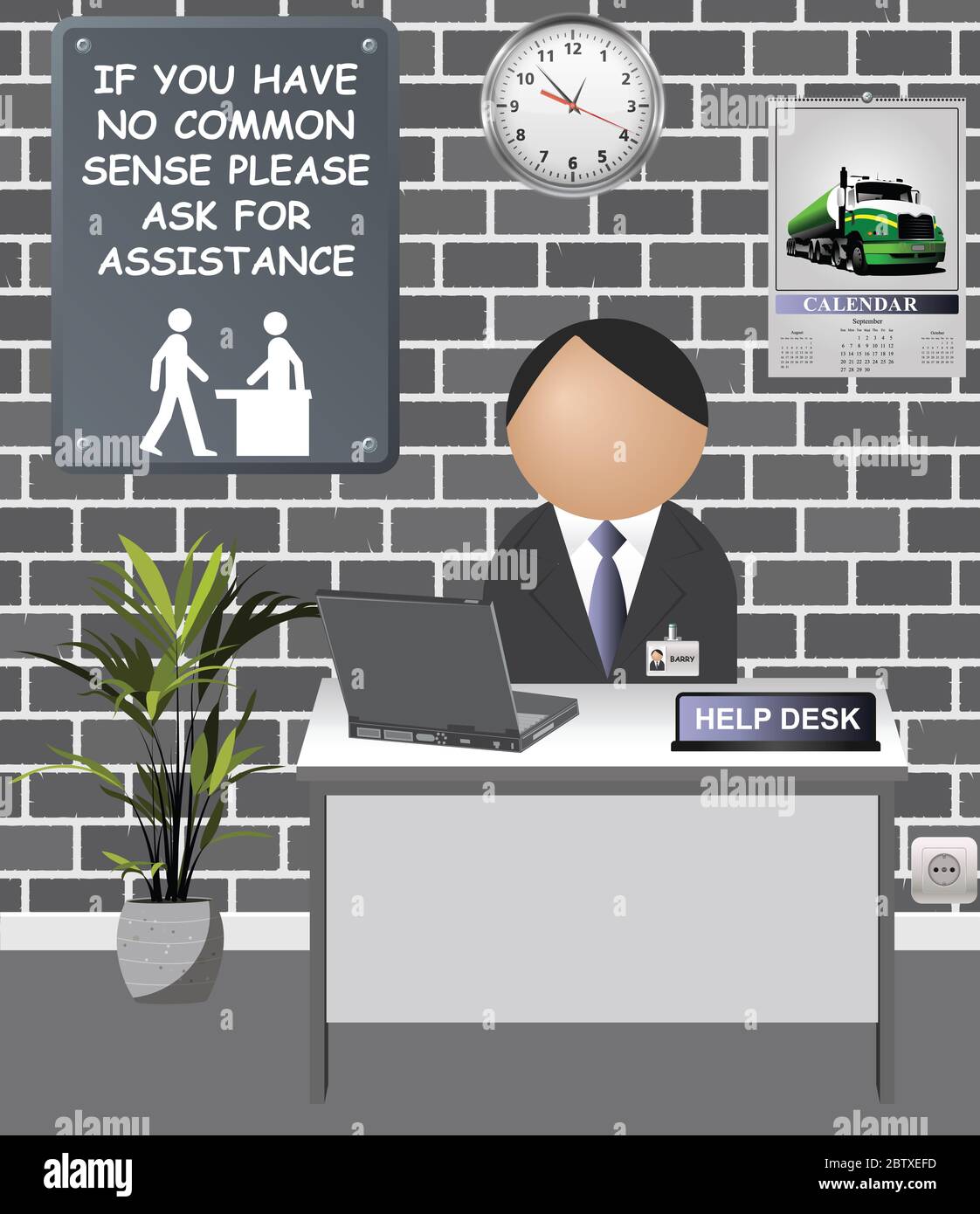 Comical male assistant at help desk for stupid people with no common sense Stock Photo