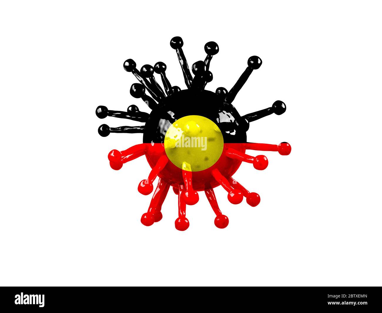 A coronovirus 3d rendering model with the name Covid-19 with the painted flag of Australian Aboriginal and isolated on a white background. The concept Stock Photo