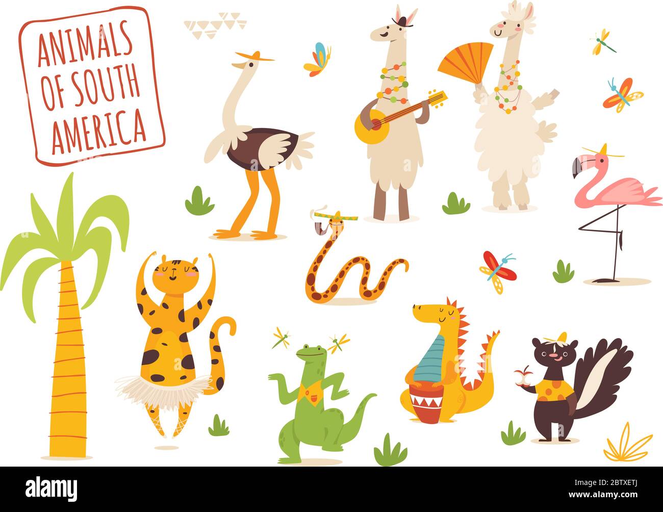 Vector set of funny cartoon hand drawn tropical animals. Stock Vector