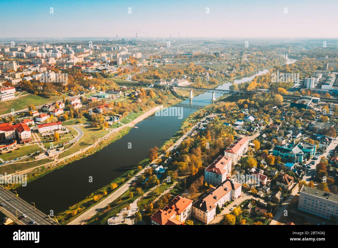 Grodno, Belarus. Aerial Bird's-eye View Of Hrodna Cityscape Skyline. Residential District In Sunny Autumn Day. Stock Photo