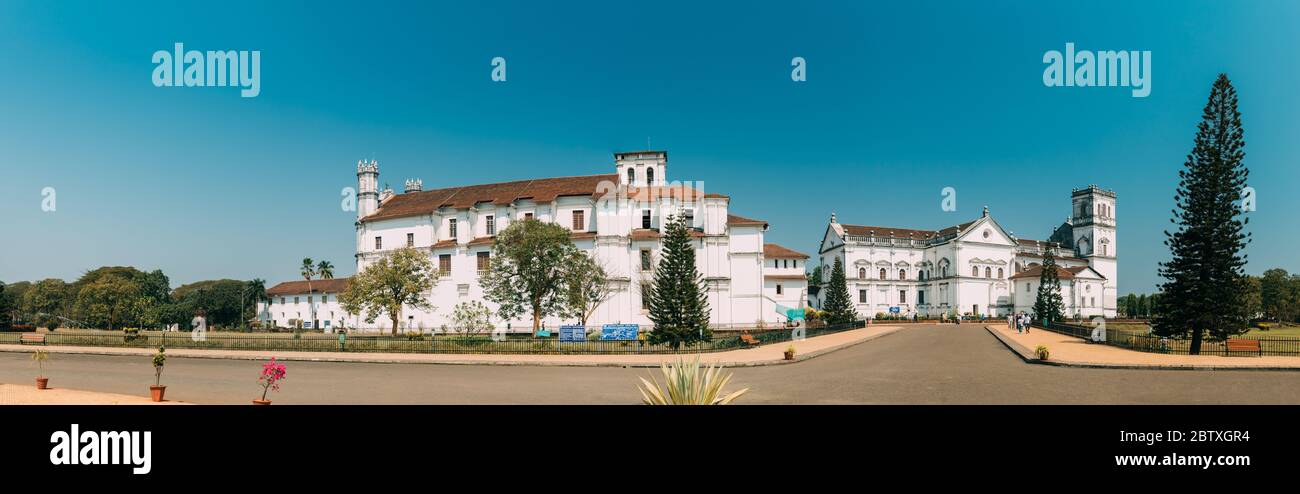 Old Goa, India - February 19, 2020: Catholic Church Of St. Francis Of Assisi And The Sé Catedral De Santa Catarina, Known As Se Cathedral. Stock Photo
