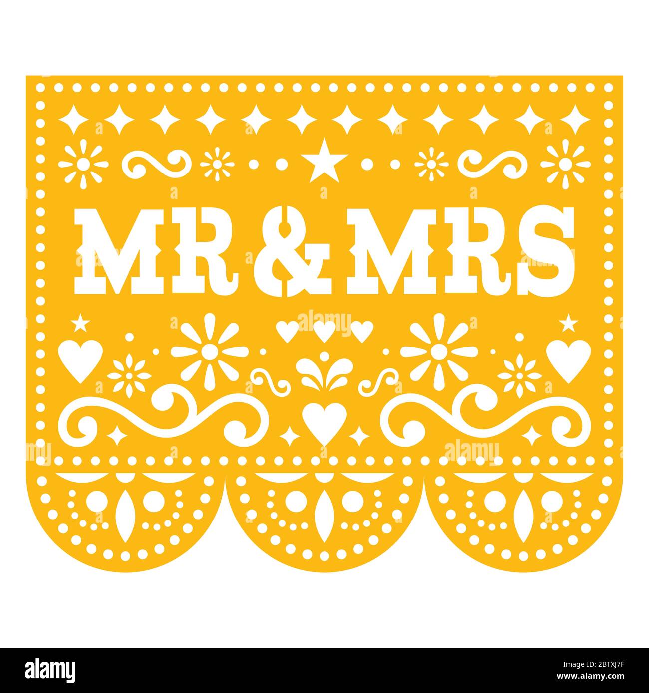 Mr and Mrs Papel Picado vector wedding greeting card design, Mexican paper cut out decoration with flowers Stock Vector