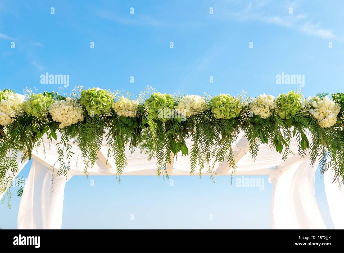 Wedding decoration with a luxurious arch of fresh flowers on a sunny day. Close-up. Copy space. Stock Photo