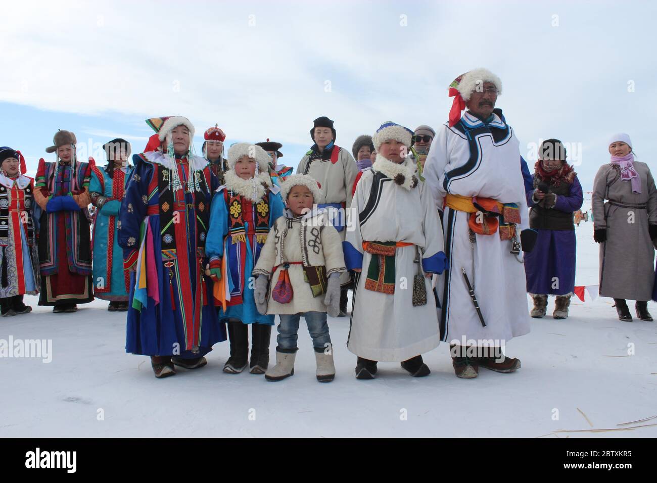 Family in traditional clothing in winter, DornodAimag, Mongolia Stock