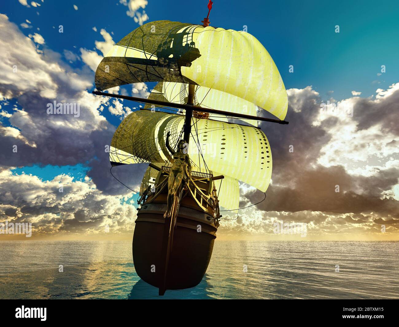 old ship in sea sunset 3d rendering Stock Photo