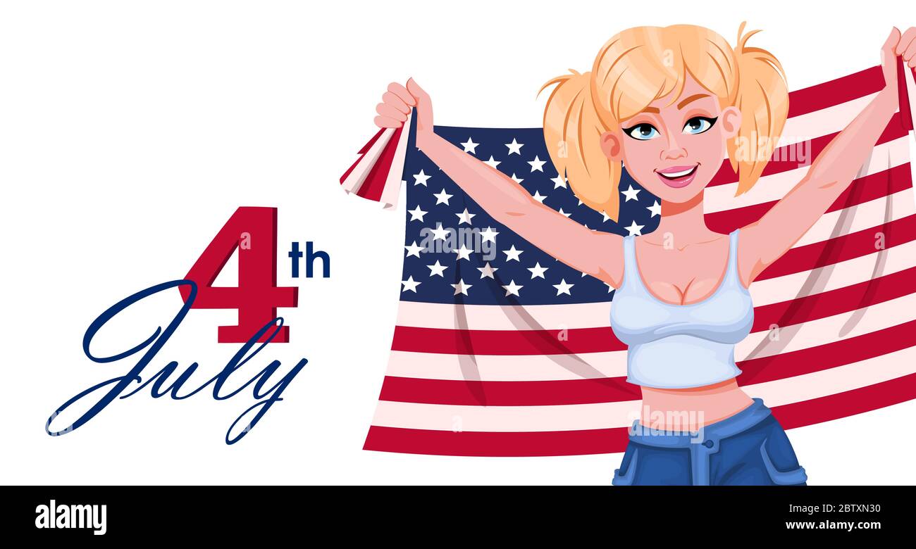 July 4th. Independence day in USA. Cheerful girl with flag of United States. Vector illustration Stock Vector