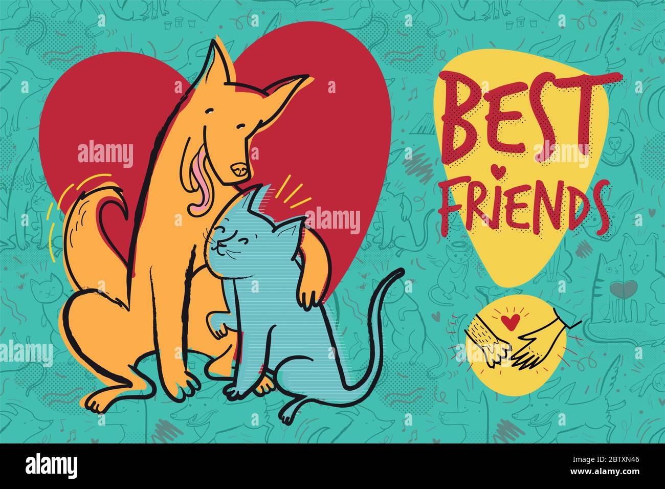 Vector greeting card with dog and cat in love, best friends Stock