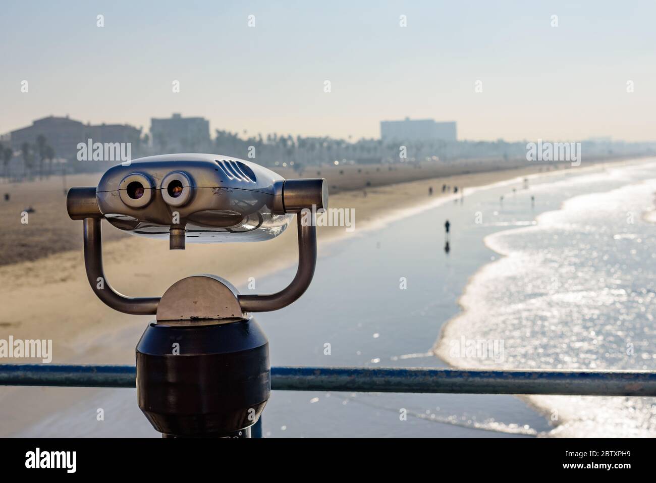 Viewing binoculars overlooking Santa Monica beach in Los Angeles, on a