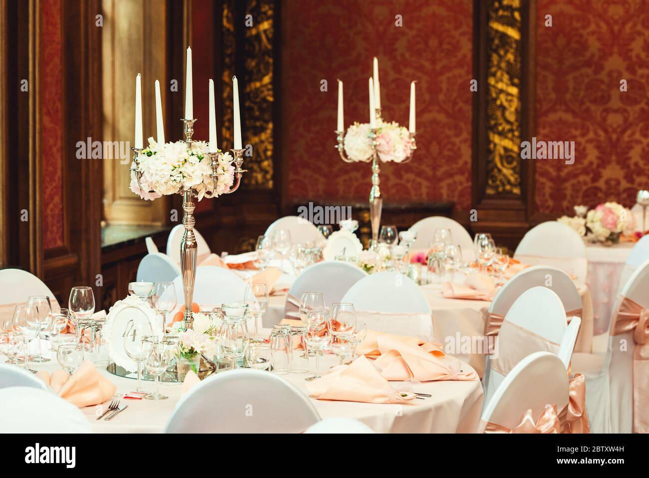 Simple and elegant wedding or festive table setting. beige colors Stock Photo