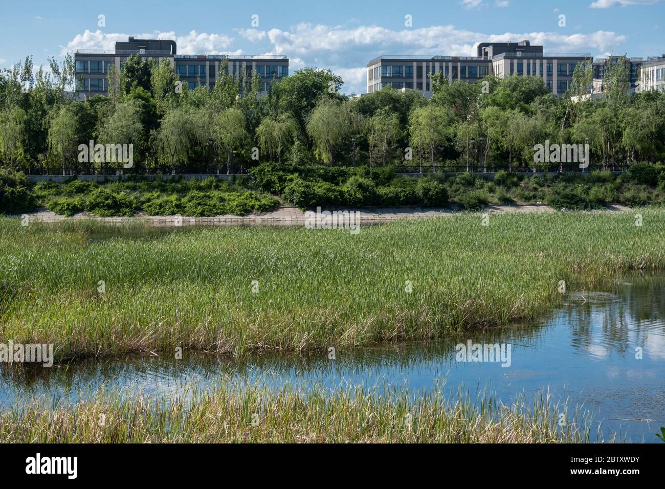 Residential area under blue sky and white clouds Stock Photo - Alamy