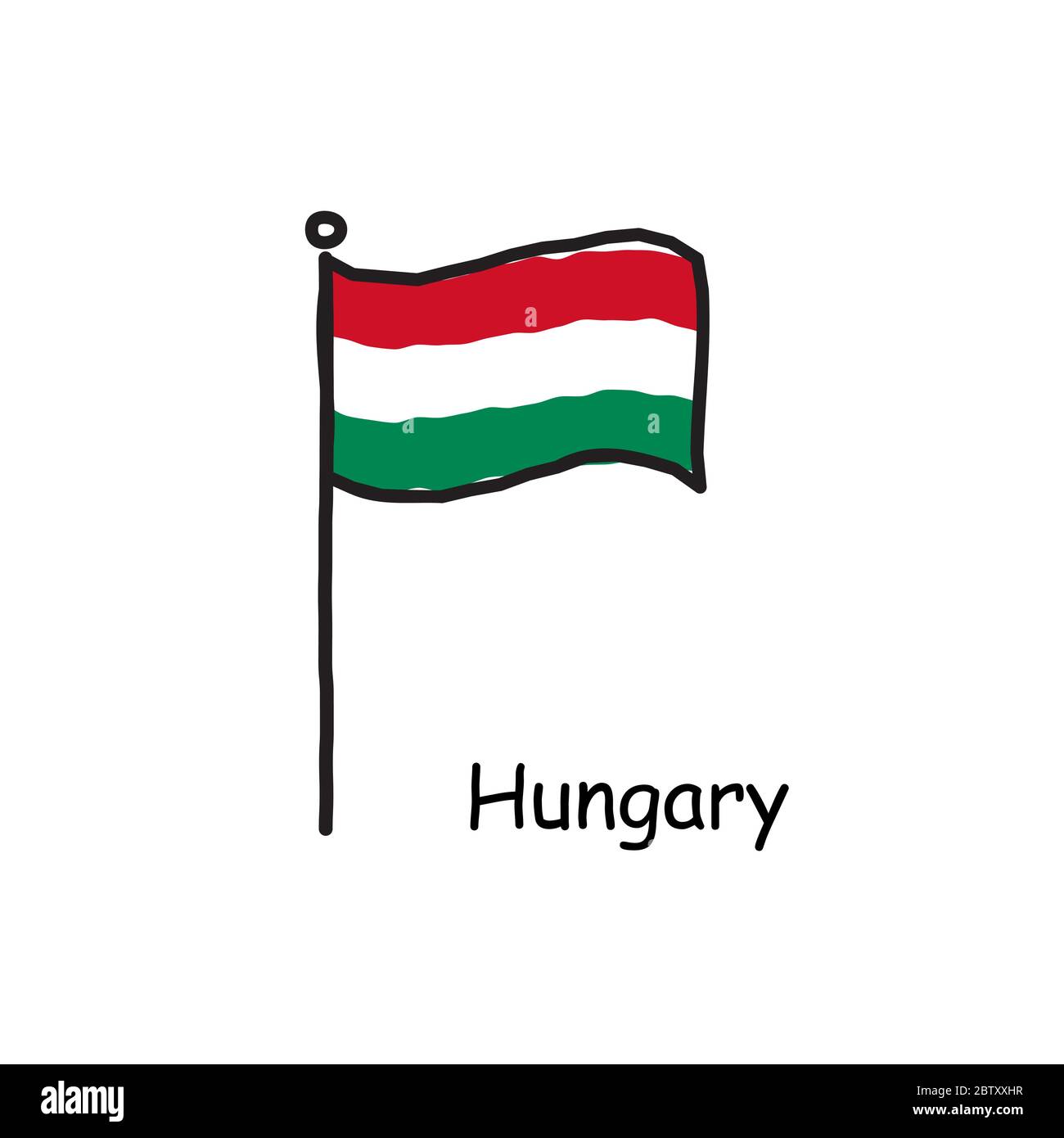 hand drawn sketchy Hungary flag on the flag pole. three color flag . Stock Vector illustration isolated on white background. Stock Vector