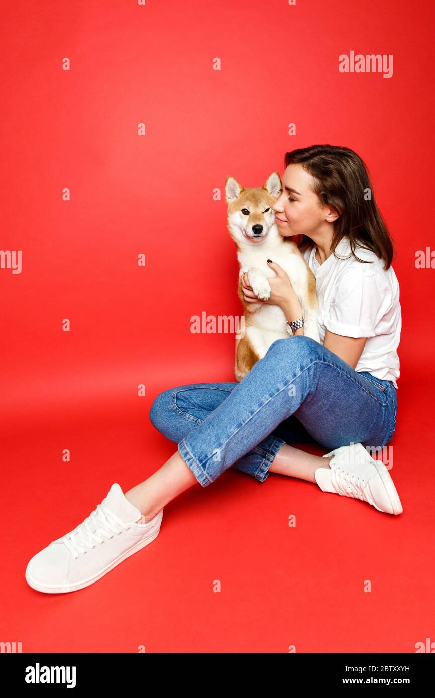 Cute brunette woman in white t shirt and jeans holding and embracing Shiba Inu dog, isolated on red background. Love to the animals, pets concept Stock Photo