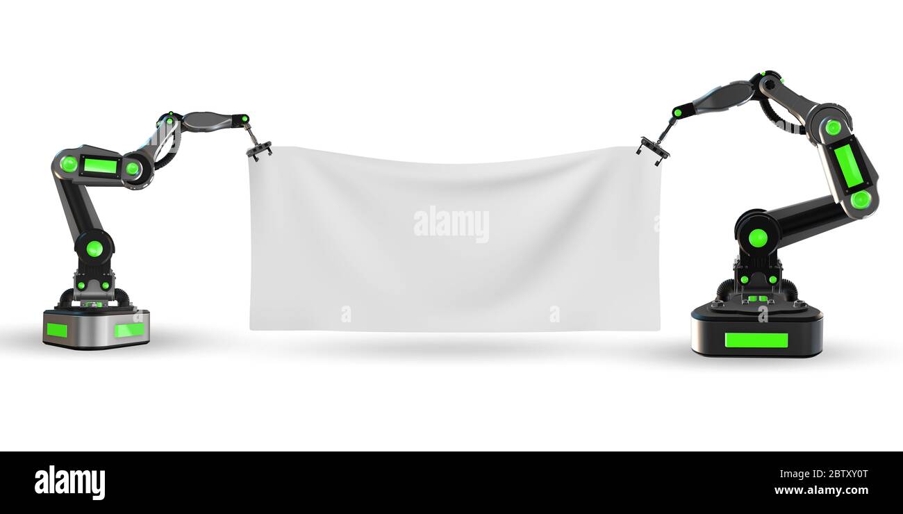 Blank poster supported by the robotic arms Stock Photo