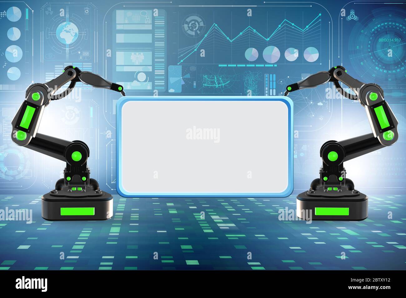 Blank poster supported by the robotic arms Stock Photo