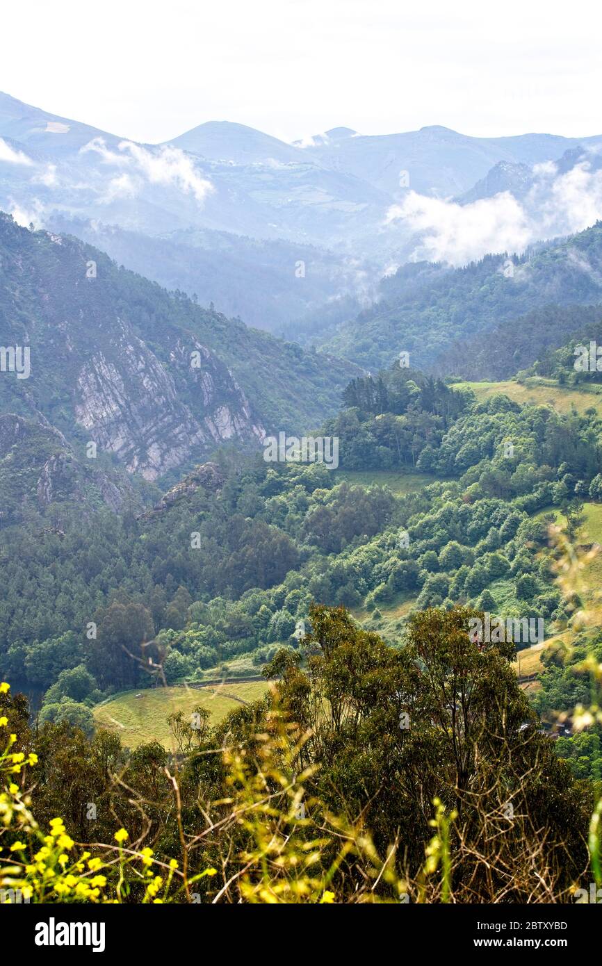 The upper reaches of the River Navia valley become quite mountainous, Asturias, Spain. Stock Photo