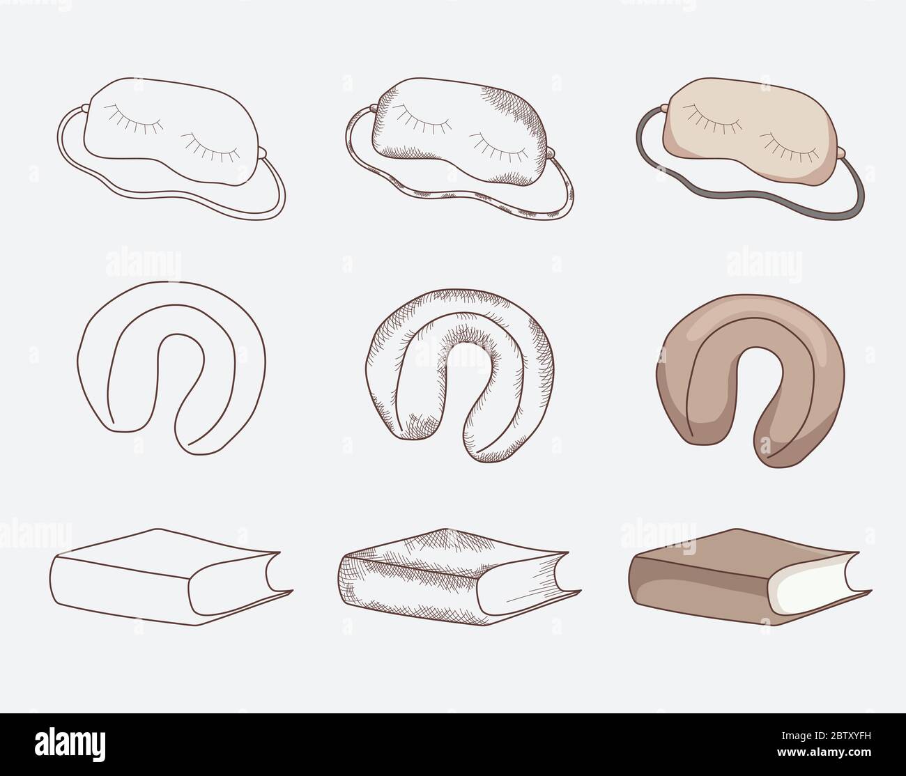 Items for travel and sleep on the road, blindfold, pillow and book. Different design options - contour, shading, vintage, contour and color. Vector Stock Vector