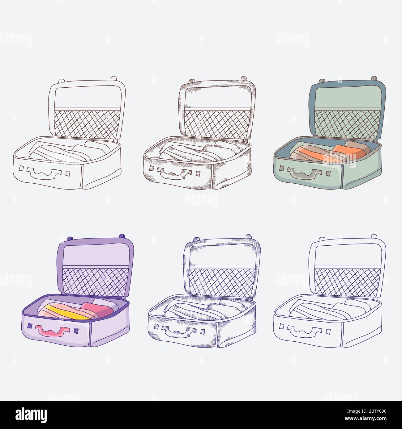 Travel stuff. Opened suitcase with things. Different design options - contour, shading, vintage, contour and color. Vector illustration Stock Vector