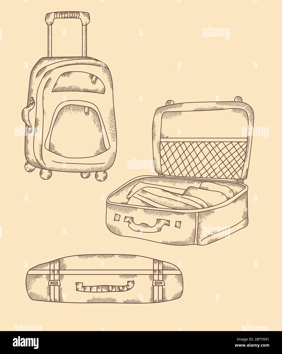 Travel stuff. Different types of suitcase, open, closed, stands on wheels. Vacation Hand drawn vector set, strokes, vintage. All elements are isolated Stock Vector