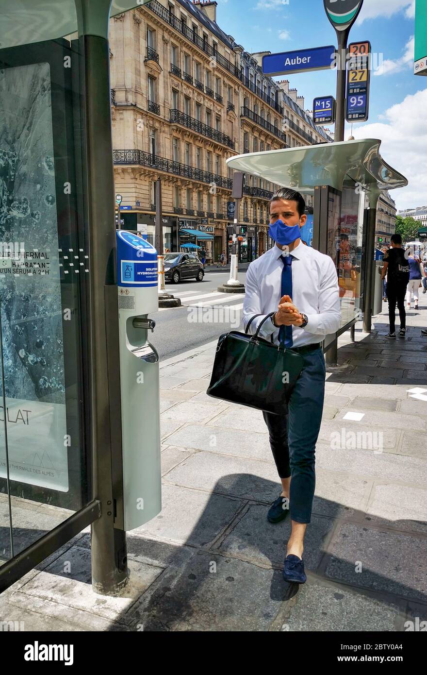 HYDROALCOHOLIC GEL DISPENSER IN PARIS Stock Photo