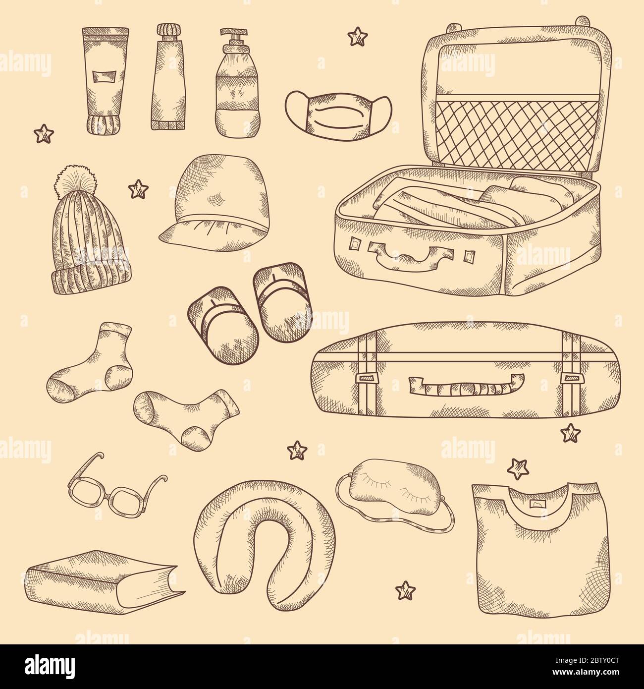 Travel stuff. Various suitcases, outdoor and indoor, cosmetics, clothes. Travel and Vacation. Hand drawn vector set, strokes, vintage. All elements Stock Vector