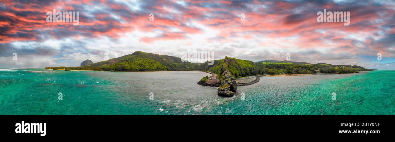 Captain Matthew Flinders Monument in Mauritius. Aerial view from drone on a cloudy day. Stock Photo