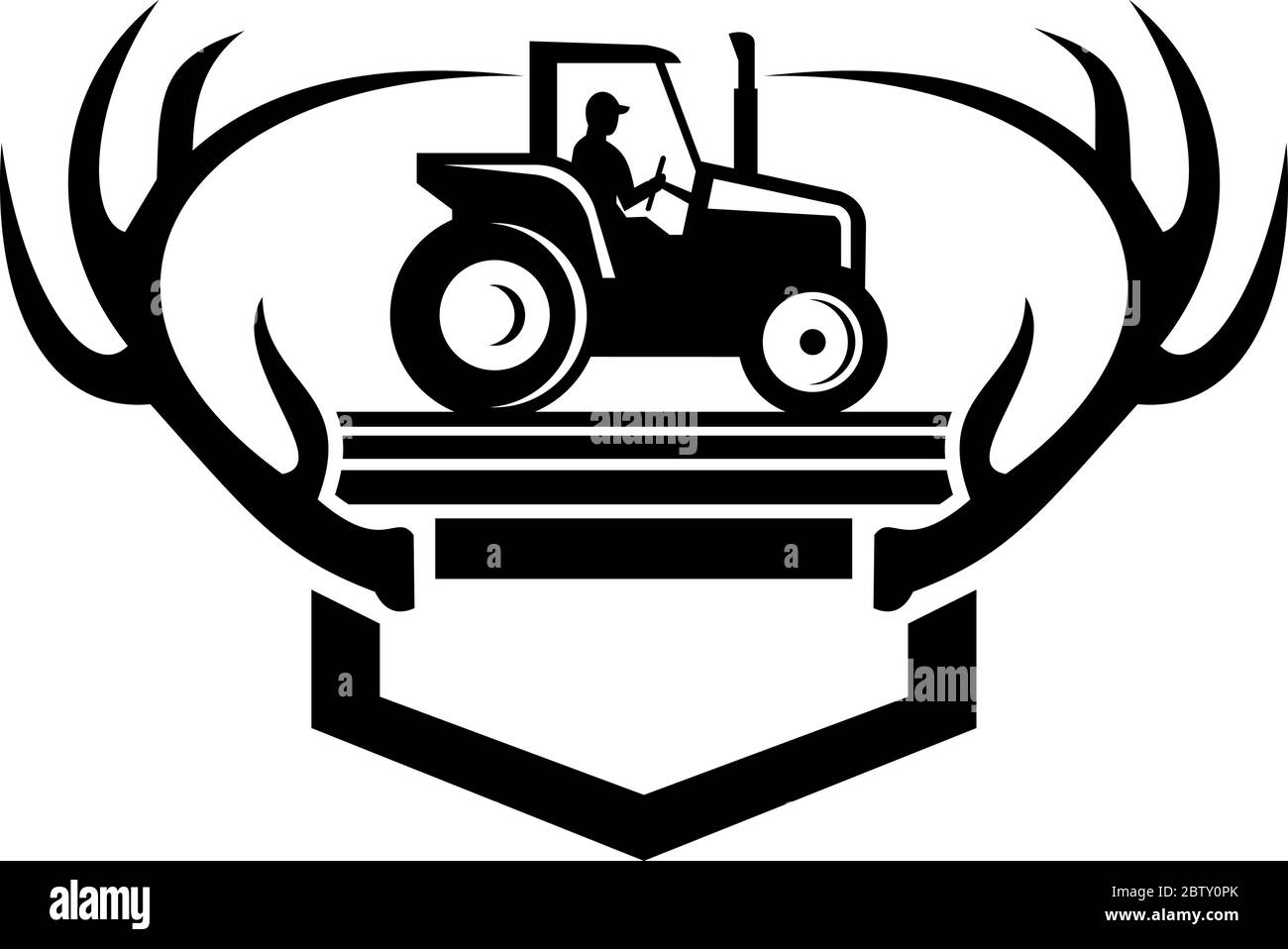Retro style illustration of a White Tail Deer Antler framing a farmer driving a vintage farm Tractor viewed from side on isolated background done in r Stock Vector