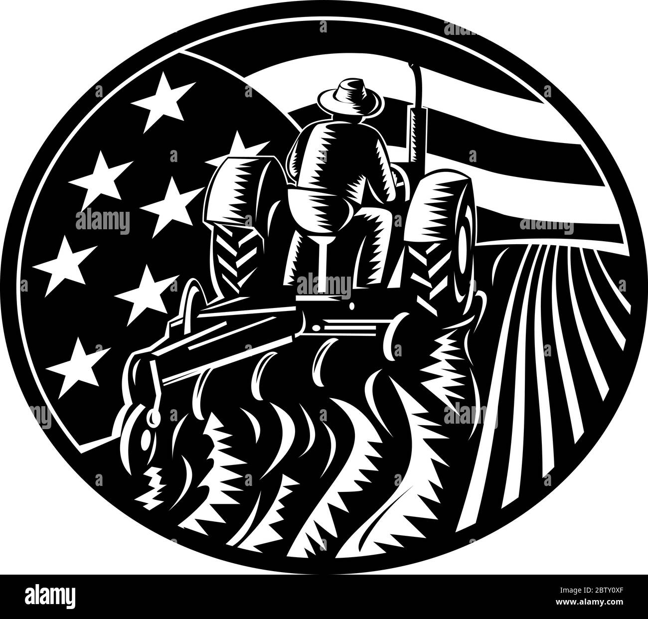 Retro illustration of an American organic farmer worker driving a vintage tractor plowing farm field with USA stars and stripes flag inside oval done Stock Vector