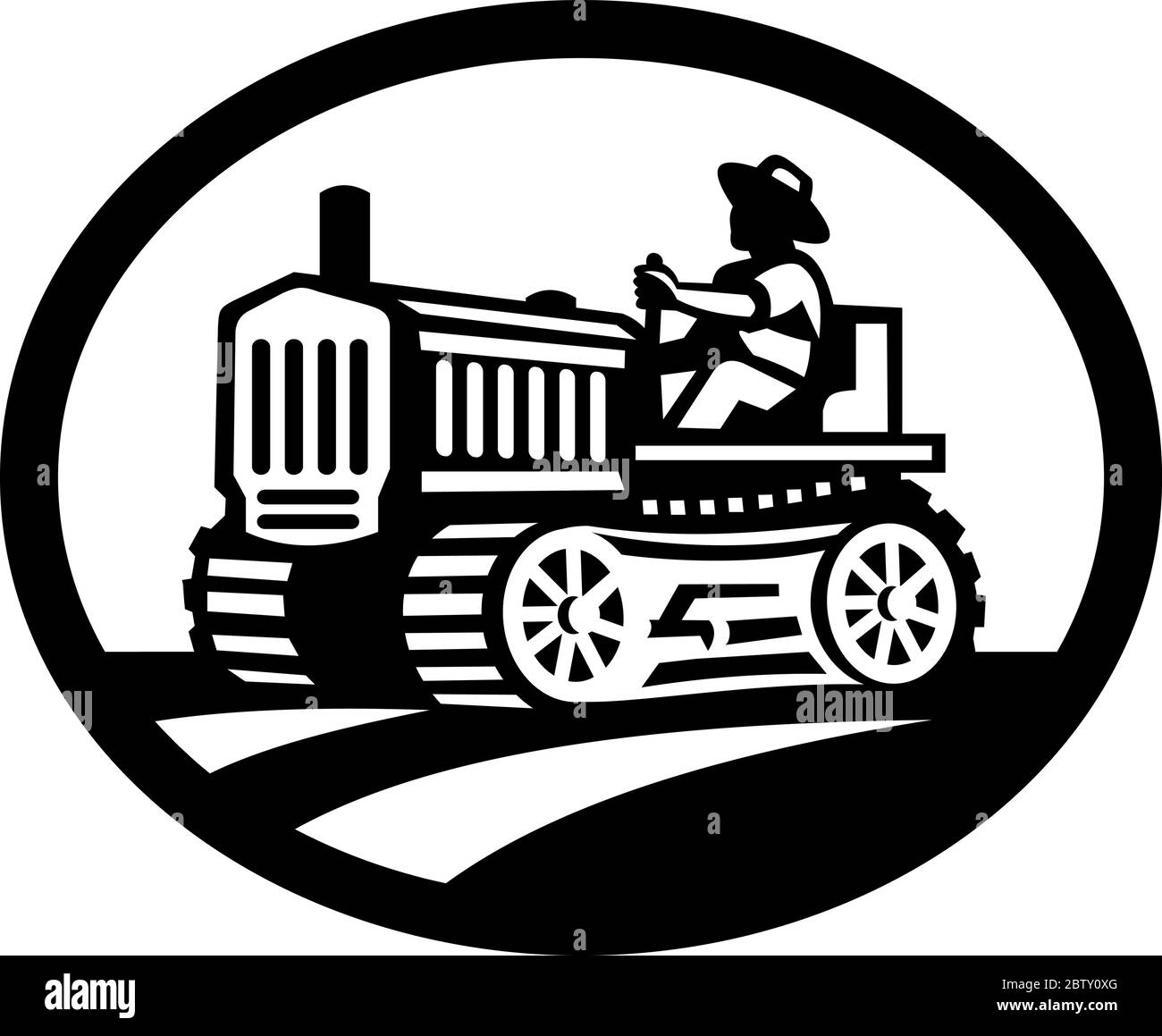 Retro illustration of an organic farmer worker driving a vintage tractor plowing farm or field viewed from side set inside oval shape done in monochro Stock Vector