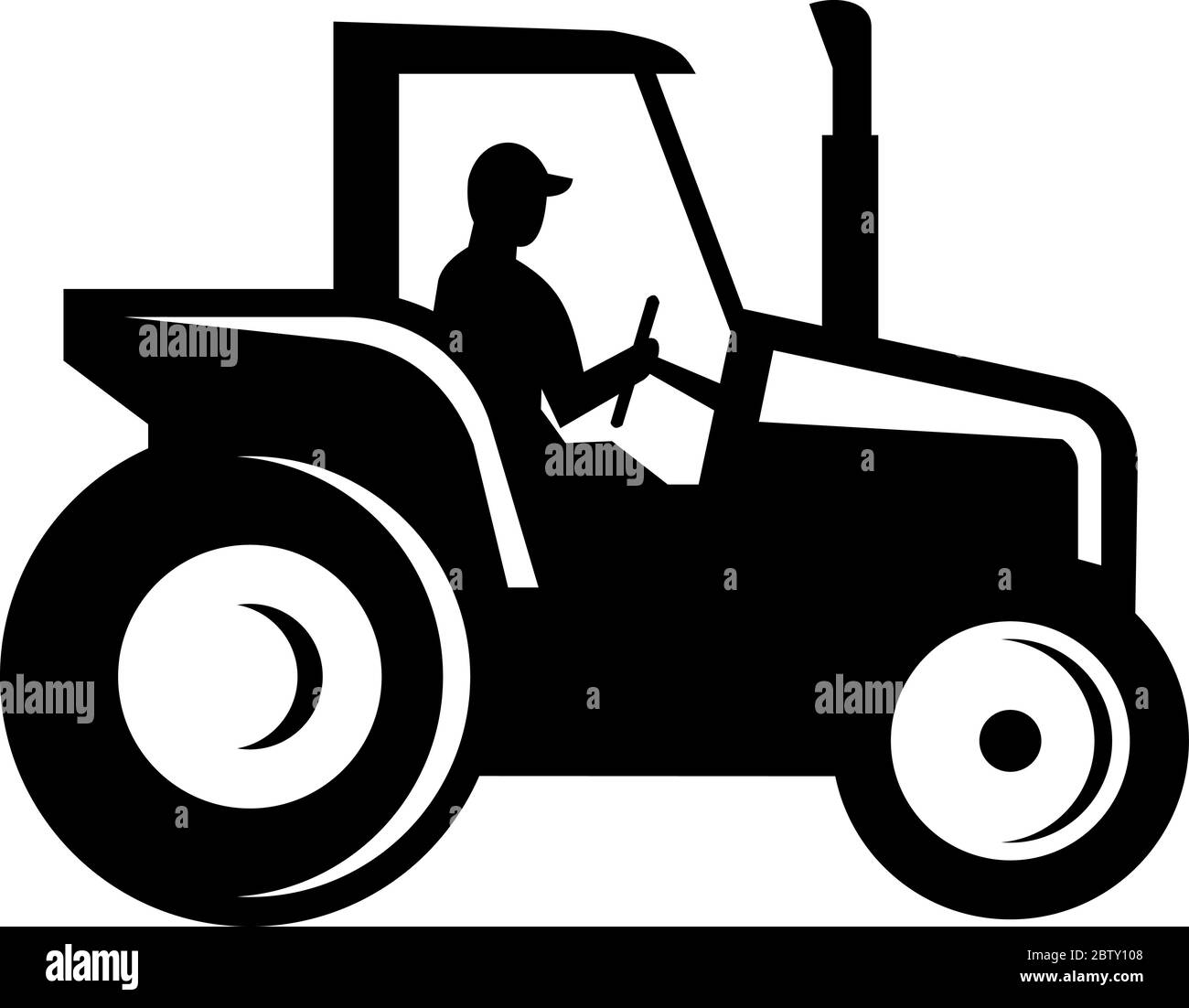 Illustration of a Silhouette of a vintage farm tractor set on isolated white background viewed from the side done in retro woodcut Black and White sty Stock Vector