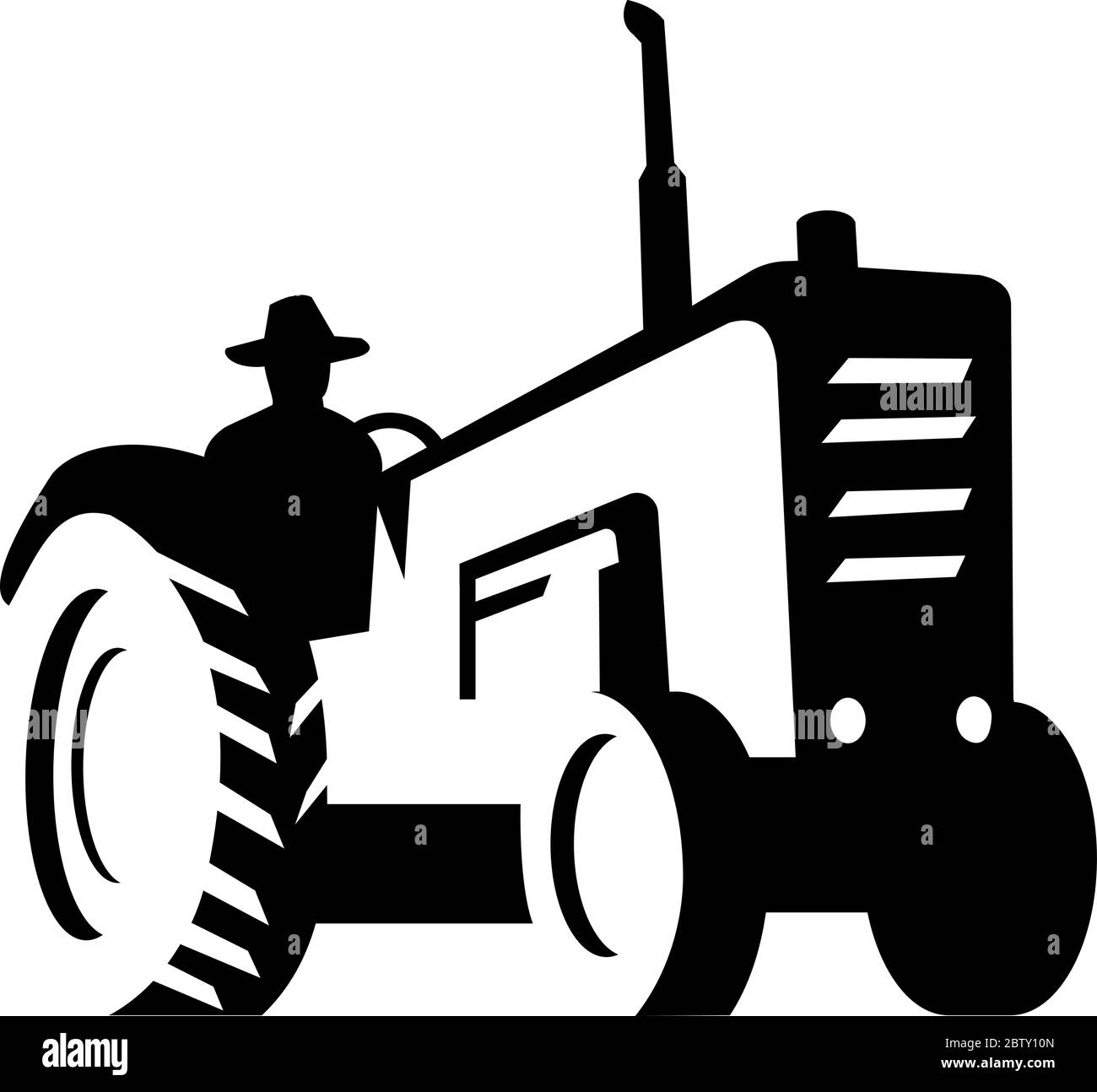 Illustration of an Organic farmer wearing hat driving vintage farm tractor viewed from low angle set on isolated white background done in retro Monoch Stock Vector