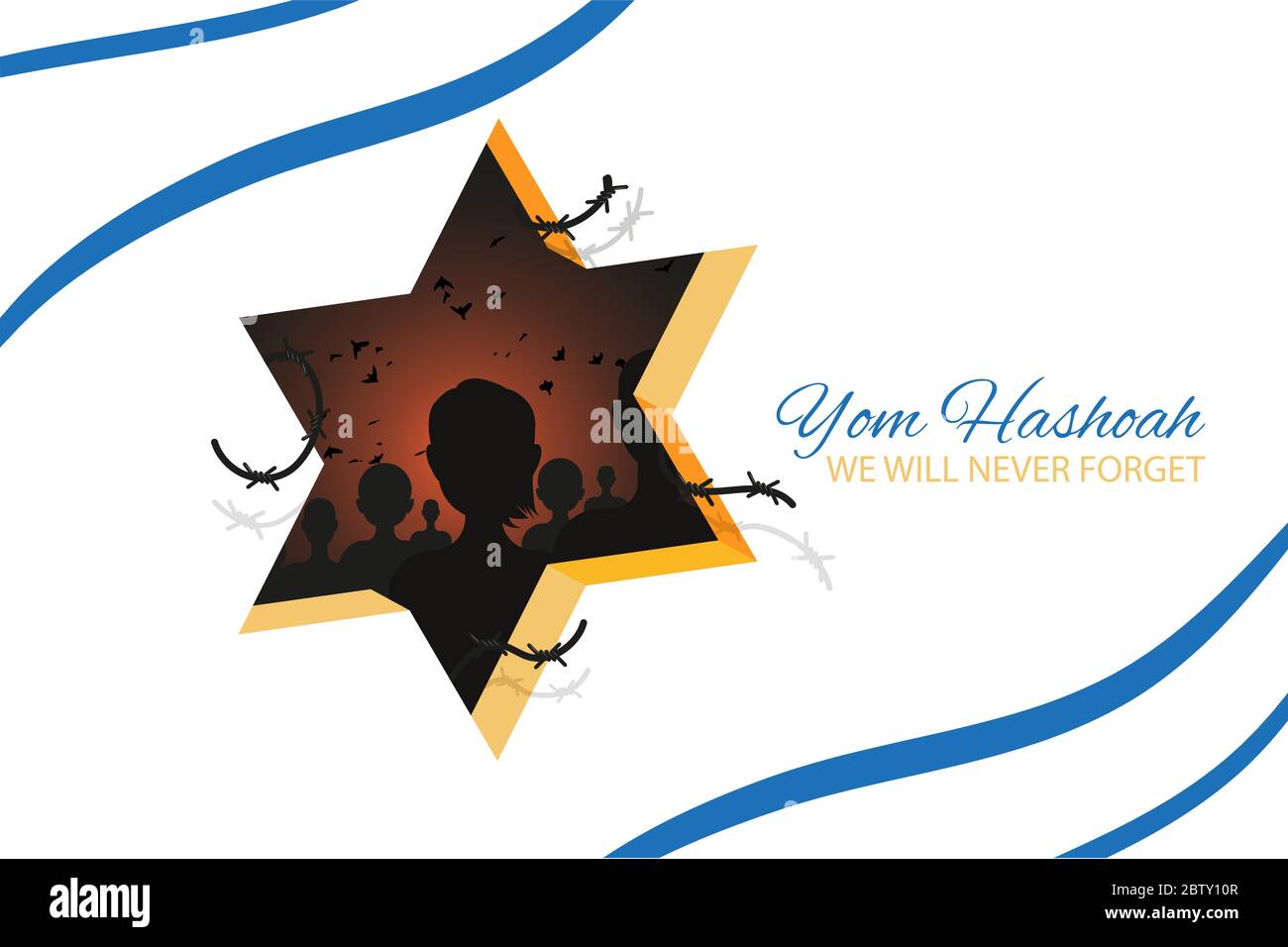 Holocaust Remembrance Day 27th of January Template. Jewish Star of David and shadows of people silhouettes behind the white backdrop. Vector illustrat Stock Vector