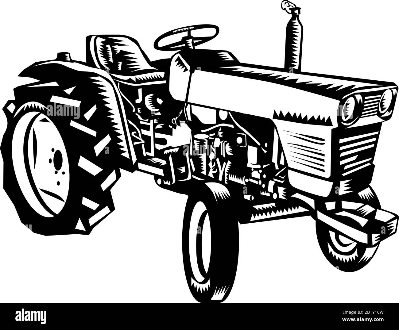 Illustration of a vintage farm tractor set on isolated white background viewed from the side done in retro woodcut Black and White style. Stock Vector