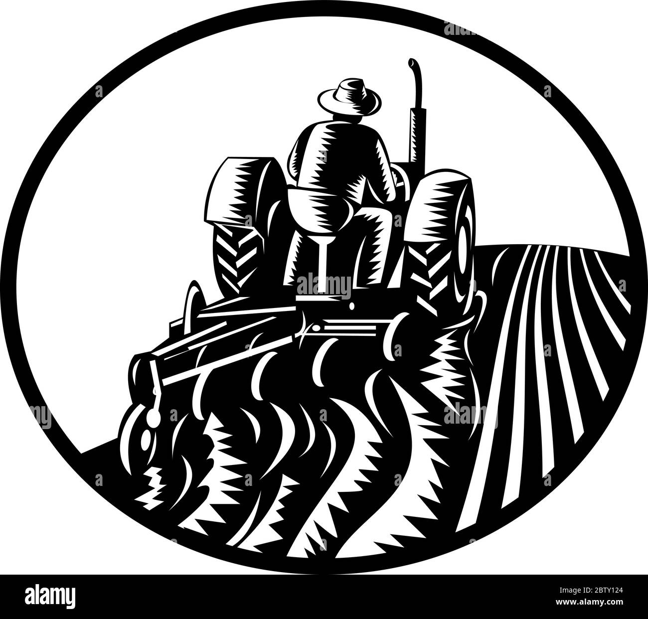 Retro illustration of an organic farmer worker driving a vintage tractor plowing farm or field viewed from rear set inside oval shape done in woodcut Stock Vector