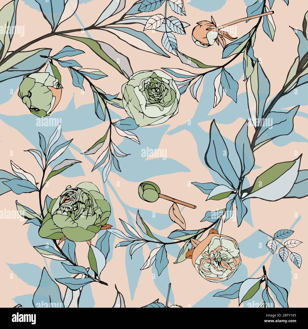 Seamless pattern with light blue roses and leaves. Vector illustration ...