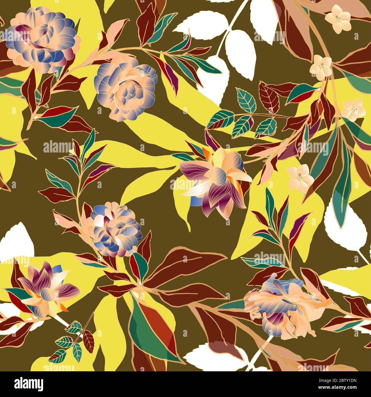 Seamless pattern with yellow and colored roses and leaves on a sage ...