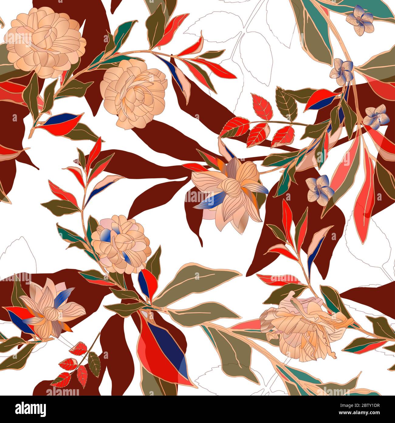 Seamless pattern with red colored roses and leaves on a white ...