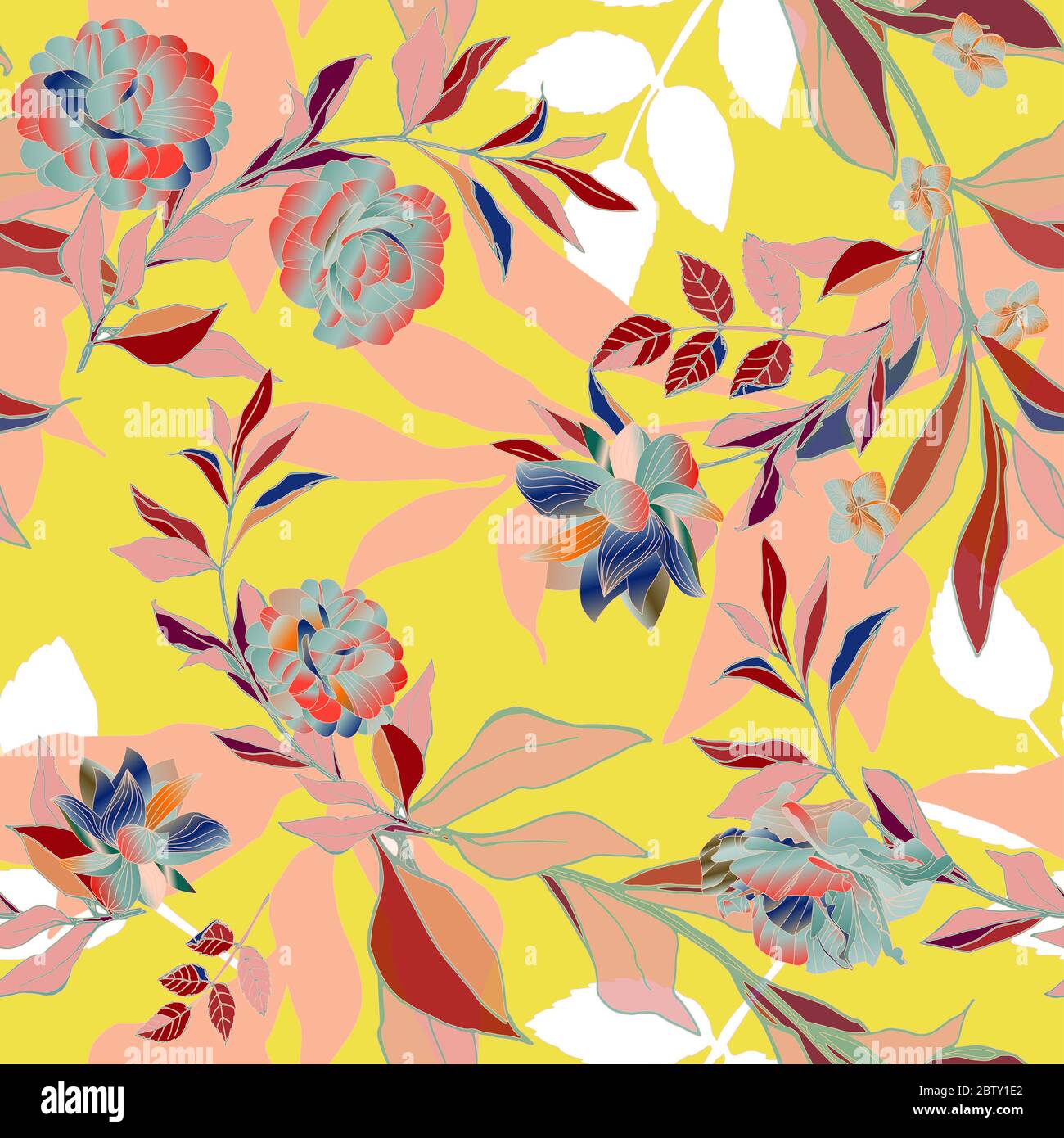Seamless pattern with colored roses and leaves on a yellow background ...