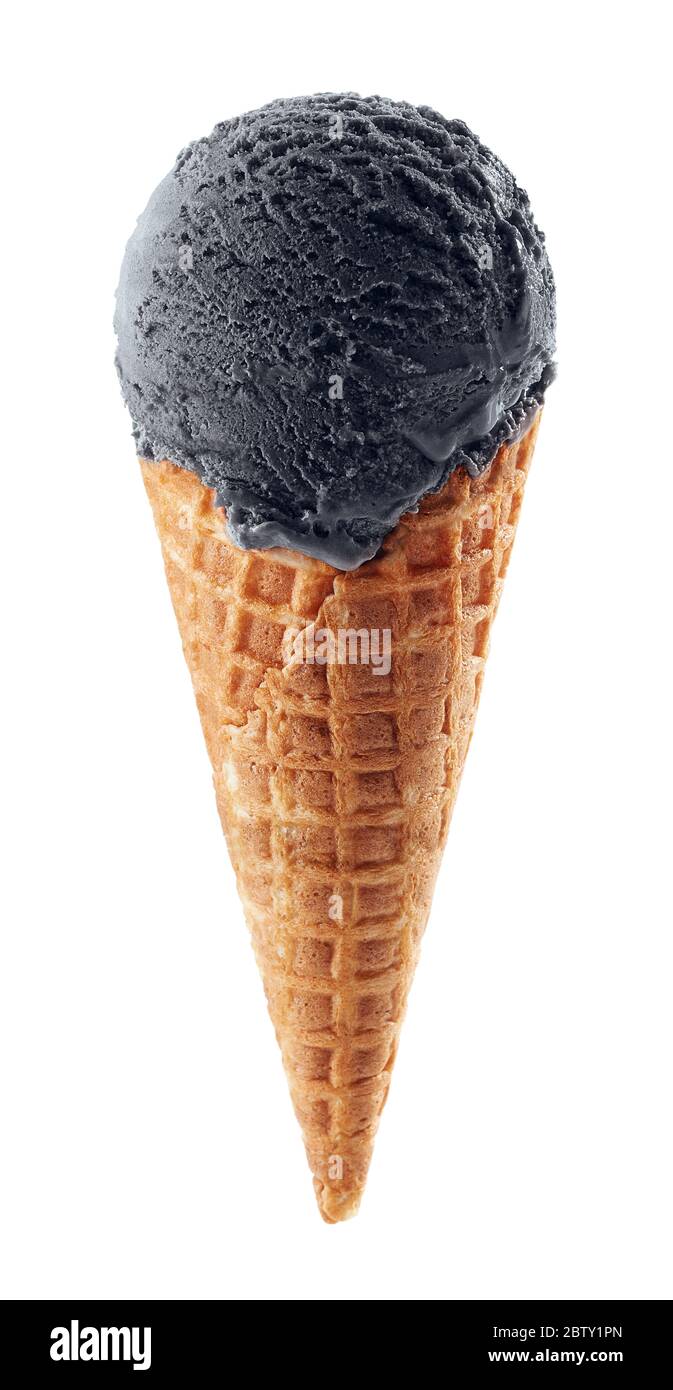 Black sesame or charcoal ice cream with cone isolated on white
